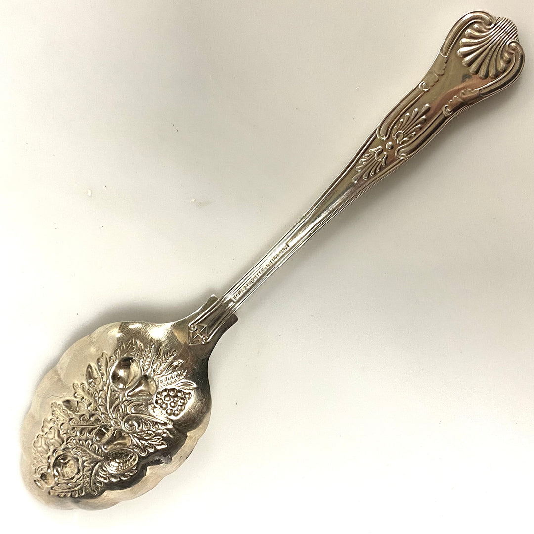 v915 Vintage Sheffield England Silver Plate Berry Embossed Fruit Serving Spoon