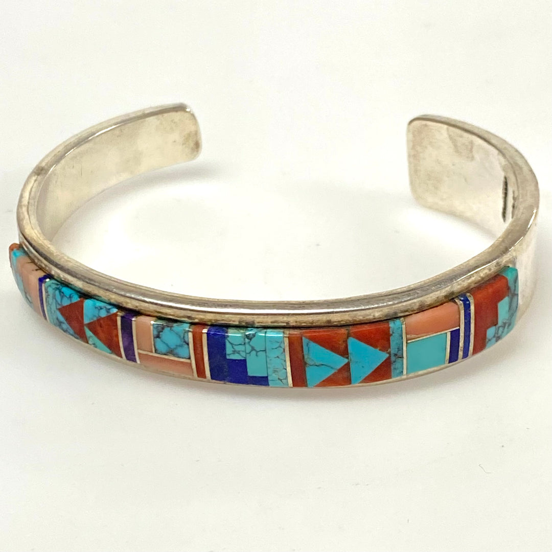 v918 Vintage Navajo Sterling Silver Multi-stone Inlay Cuff Bracelet Geometric
