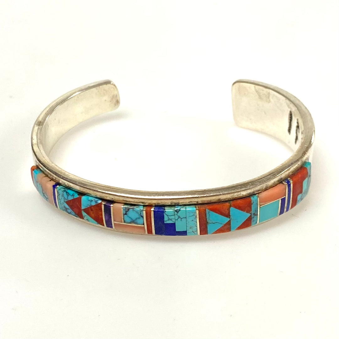 v918 Vintage Navajo Sterling Silver Multi-stone Inlay Cuff Bracelet Geometric