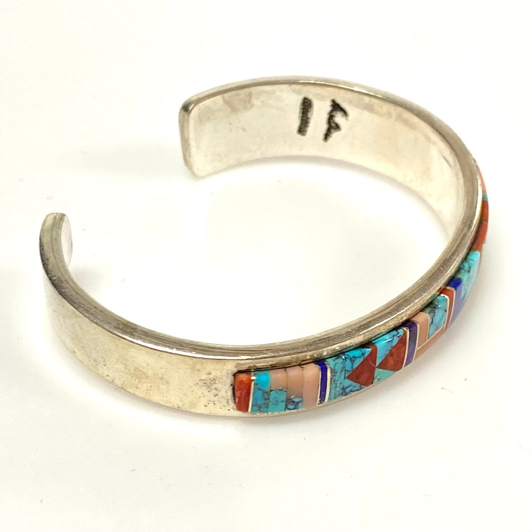 v918 Vintage Navajo Sterling Silver Multi-stone Inlay Cuff Bracelet Geometric