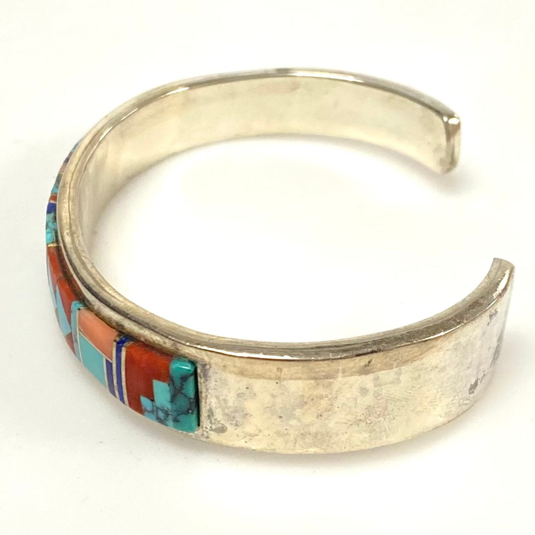 v918 Vintage Navajo Sterling Silver Multi-stone Inlay Cuff Bracelet Geometric