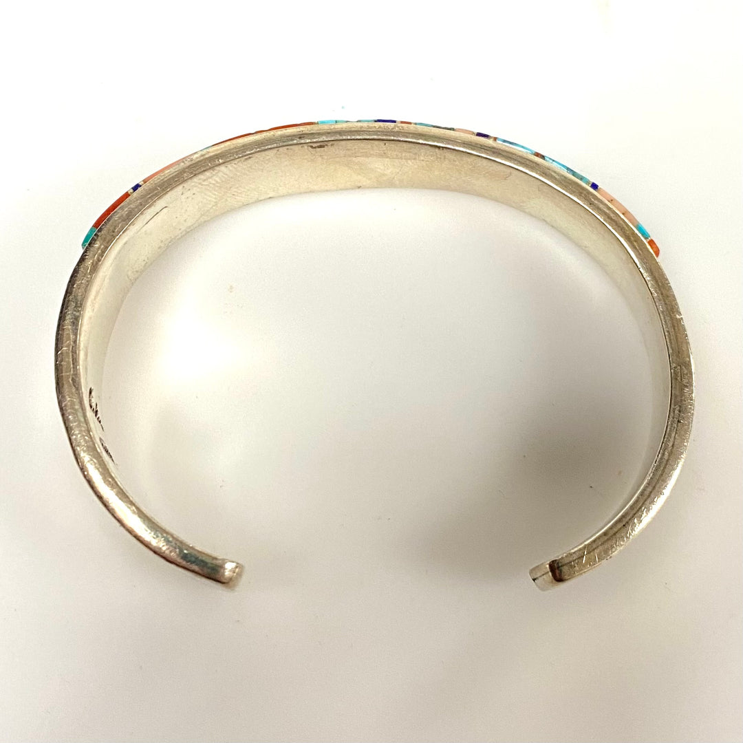 v918 Vintage Navajo Sterling Silver Multi-stone Inlay Cuff Bracelet Geometric