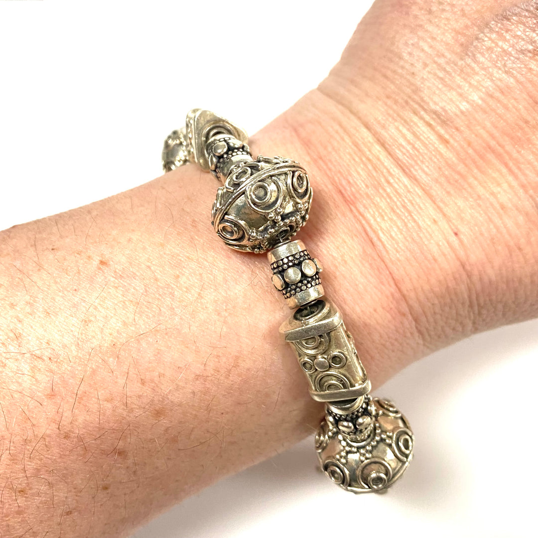 v922 Vintage Sterling Silver Links and Beads Toggle Clasp Bracelet 8" Long