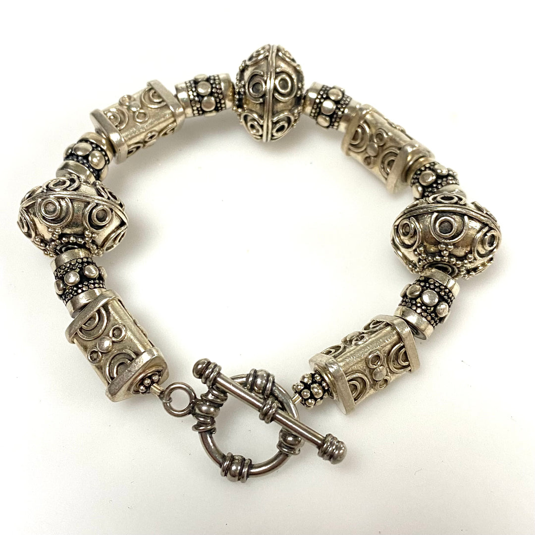 v922 Vintage Sterling Silver Links and Beads Toggle Clasp Bracelet 8" Long