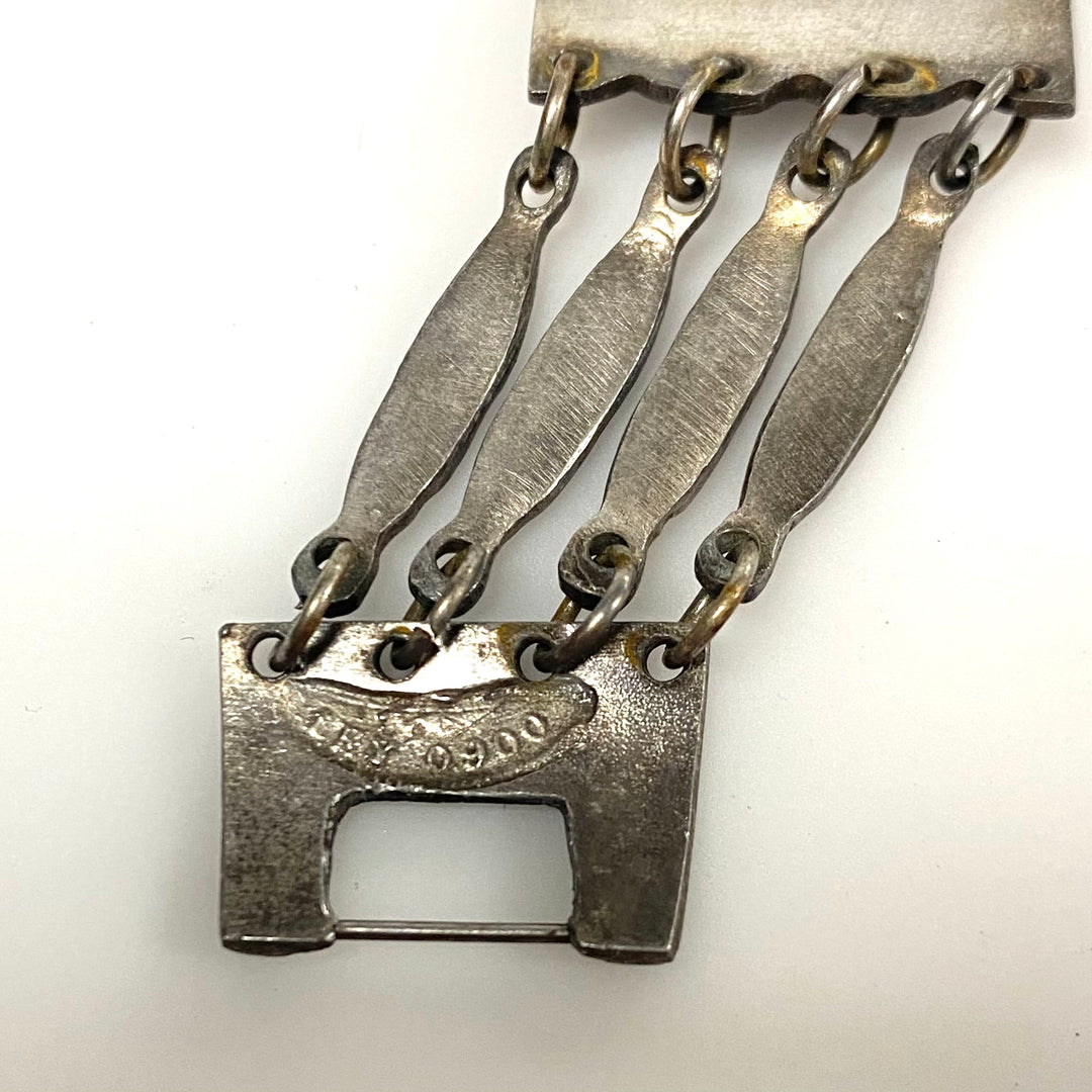 v923 Vintage Mexican 900 Silver Panel Raised Shield or Medallion Motif Bracelet