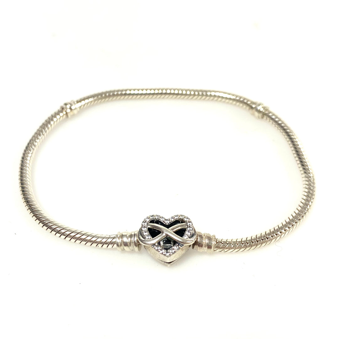 v925 Pandora Moments Sparkling Infinity Heart Clasp Snake Chain Bracelet Silver