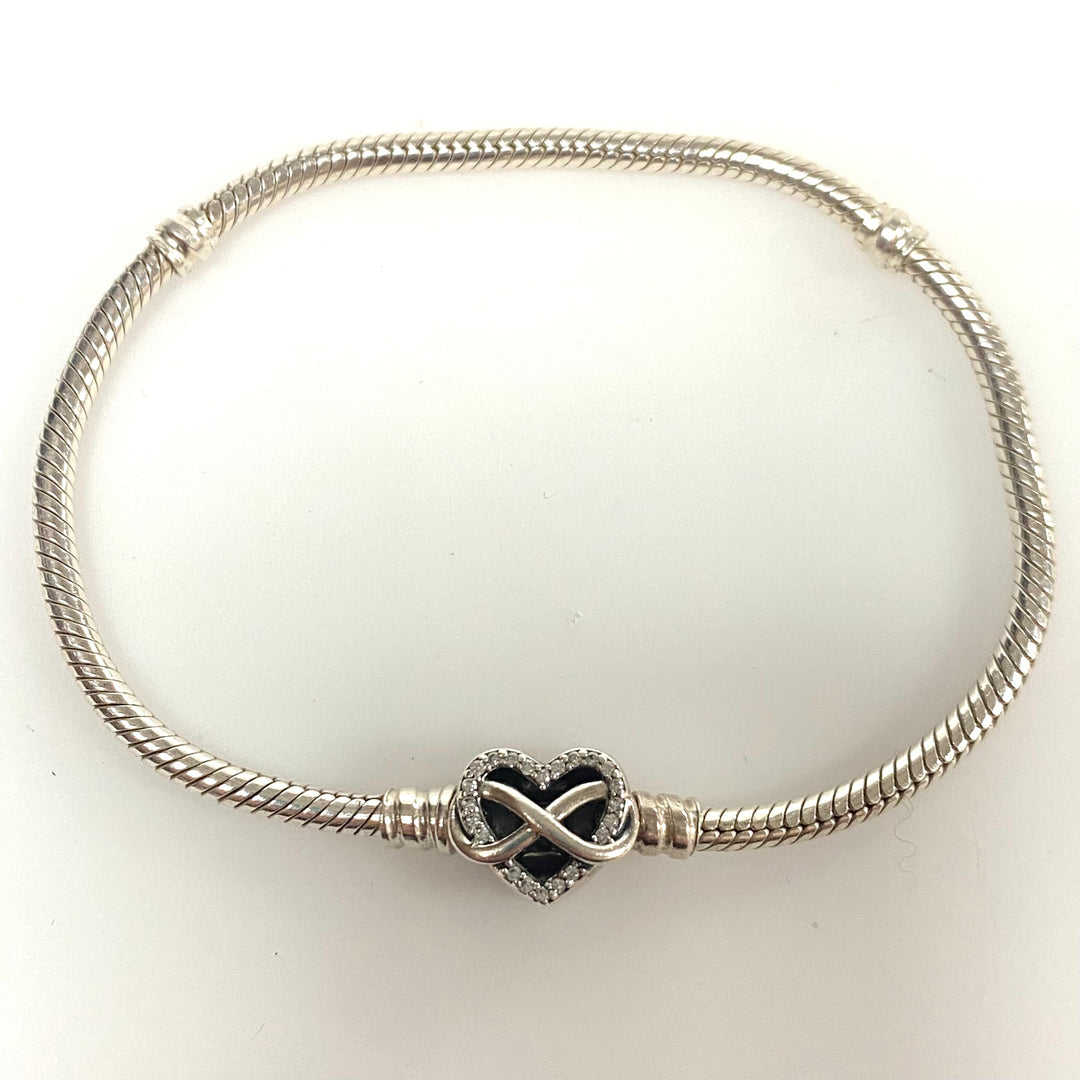 v925 Pandora Moments Sparkling Infinity Heart Clasp Snake Chain Bracelet Silver
