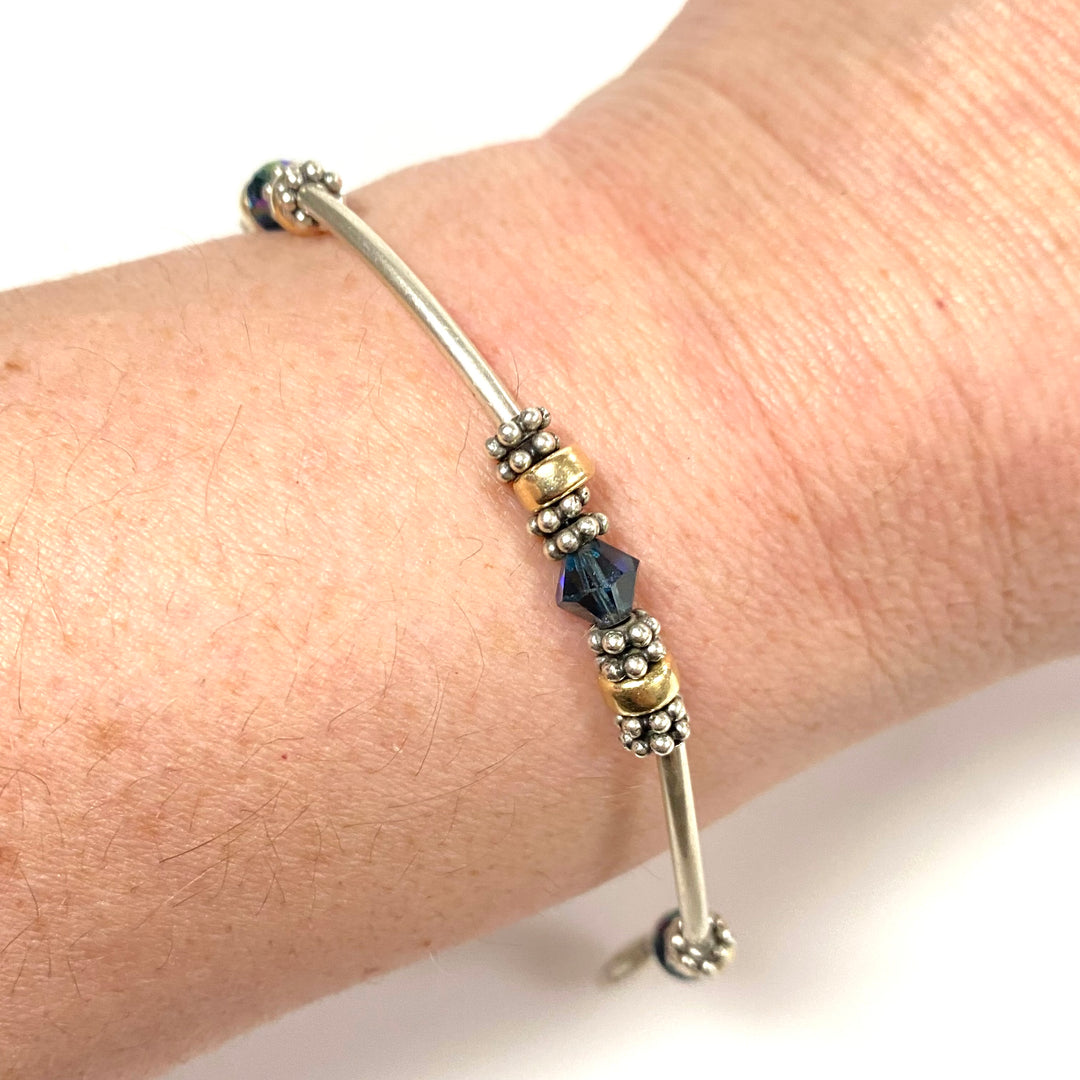 v928 Vintage Sterling Silver Beaded Bracelet Gold-tone Accents Faceted Crystals