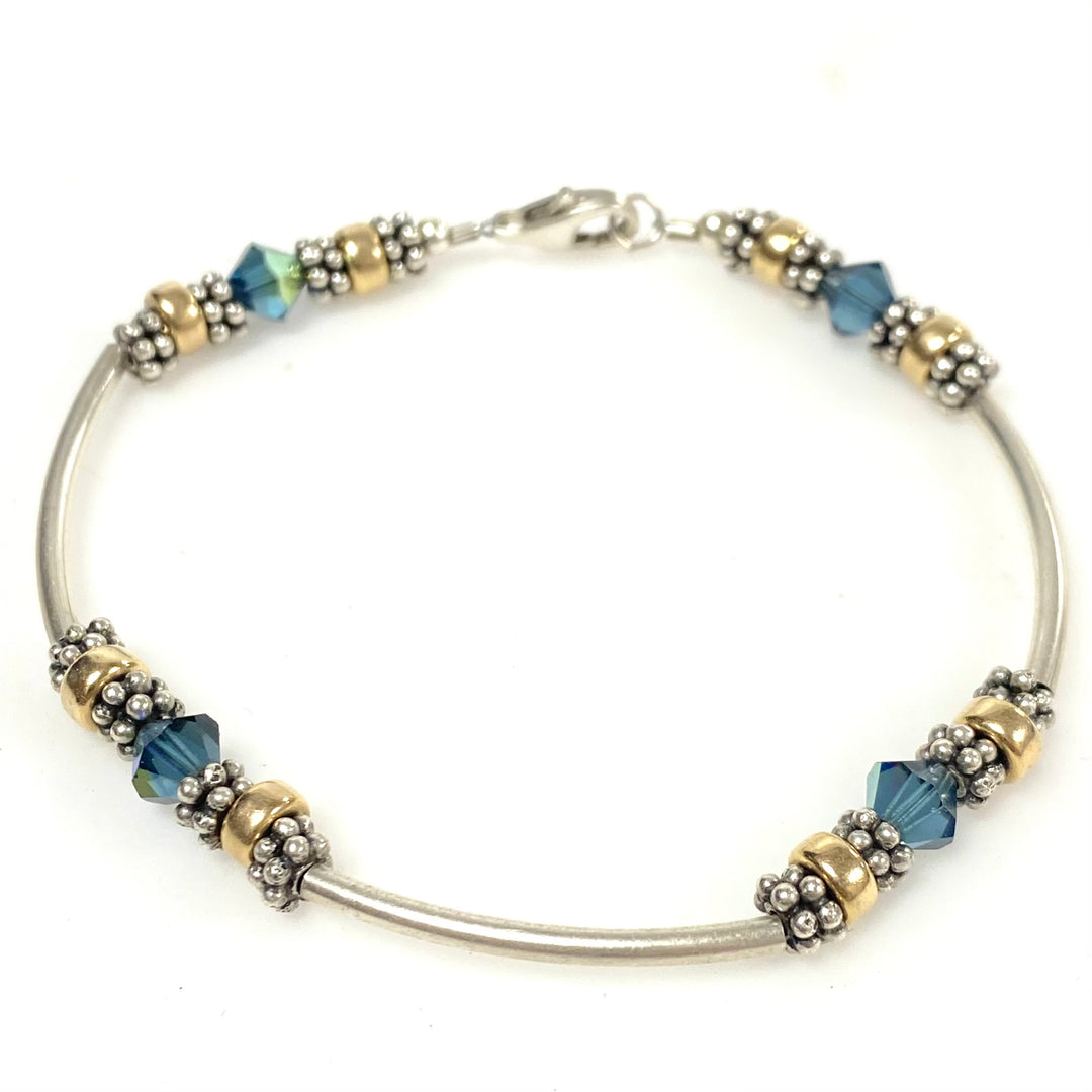 v928 Vintage Sterling Silver Beaded Bracelet Gold-tone Accents Faceted Crystals