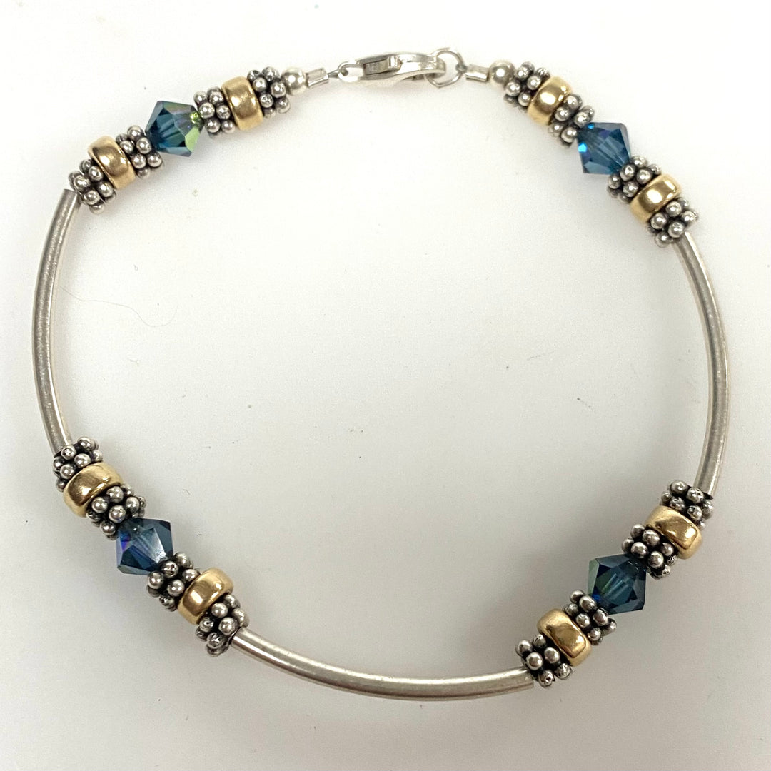 v928 Vintage Sterling Silver Beaded Bracelet Gold-tone Accents Faceted Crystals