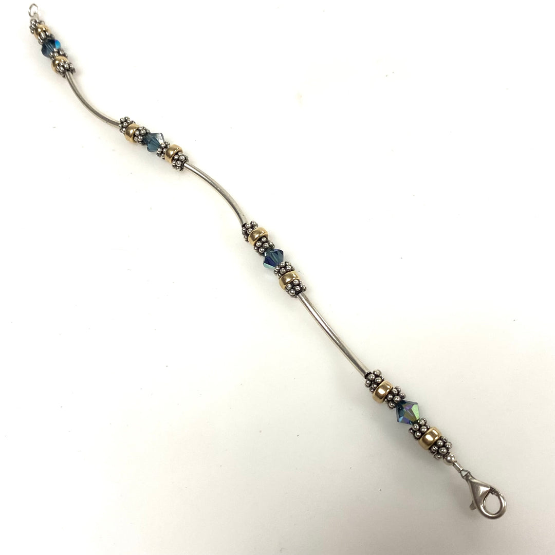 v928 Vintage Sterling Silver Beaded Bracelet Gold-tone Accents Faceted Crystals