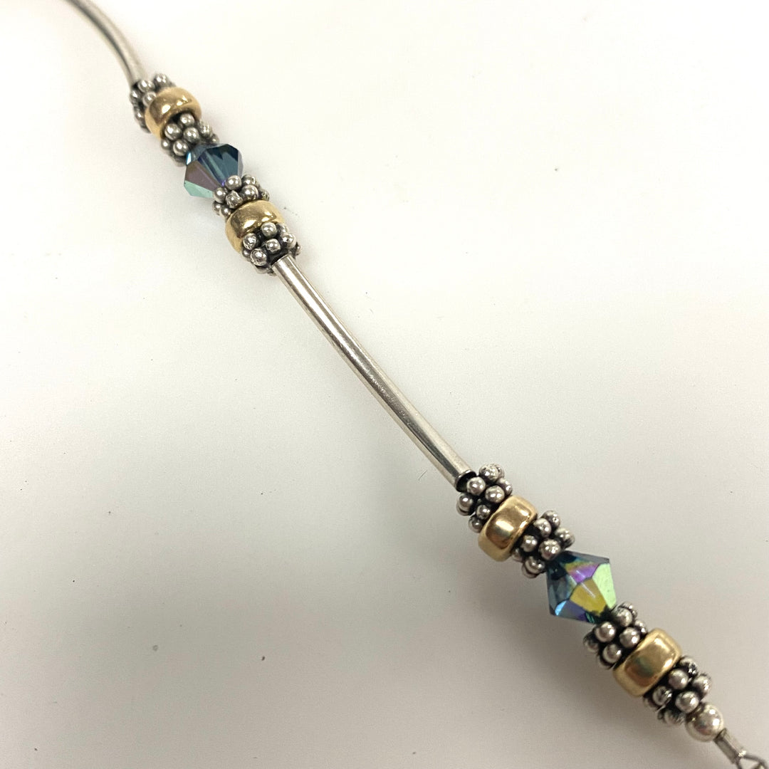 v928 Vintage Sterling Silver Beaded Bracelet Gold-tone Accents Faceted Crystals