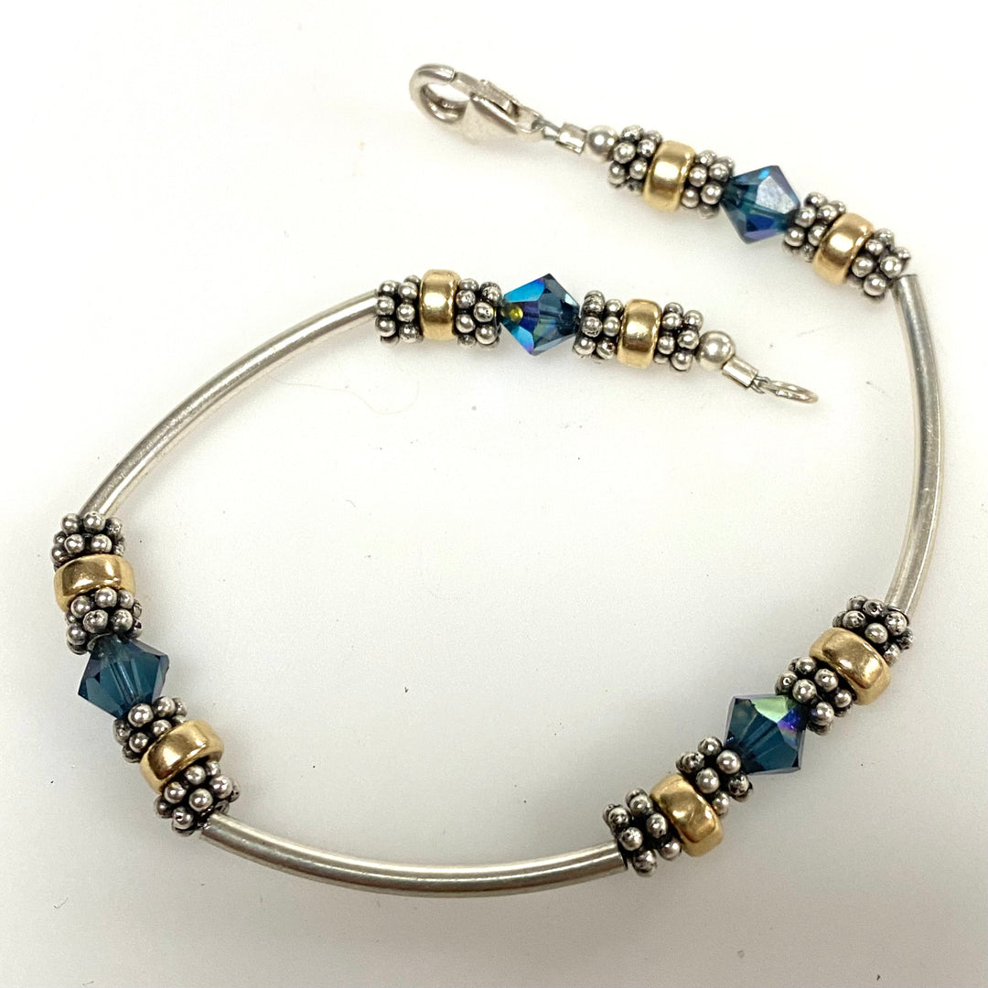 v928 Vintage Sterling Silver Beaded Bracelet Gold-tone Accents Faceted Crystals