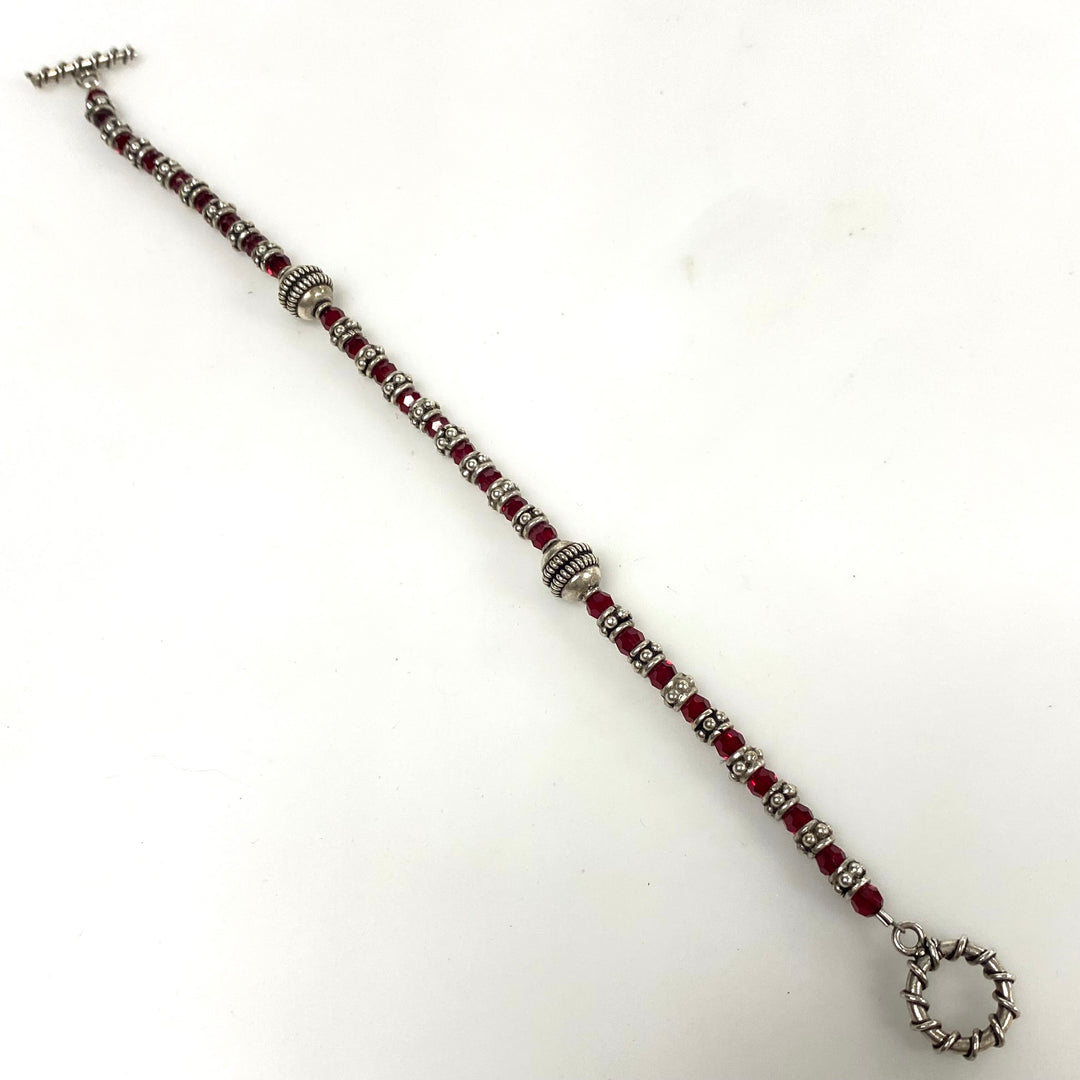 v929 Vintage Sterling Silver Beaded Bracelet Red Faceted Crystals 8" Long