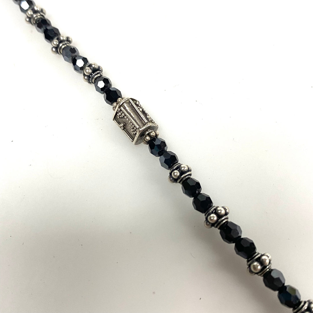 v930 Vintage Sterling Silver Beaded Bracelet Black Faceted Crystals 7.5" Long