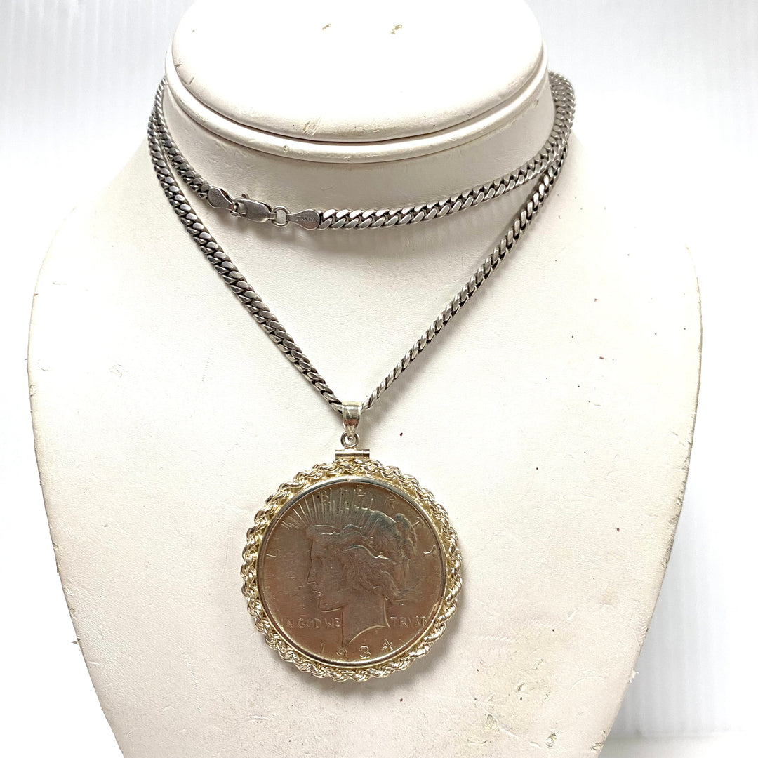 v940 Vintage 1934 Silver Dollar Coin Pendant Rope-style Bezel Link Chain 24"