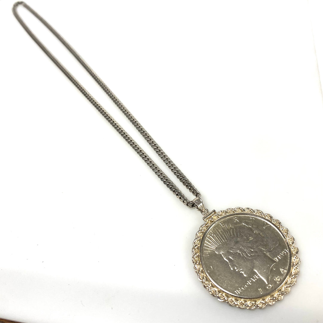 v940 Vintage 1934 Silver Dollar Coin Pendant Rope-style Bezel Link Chain 24"
