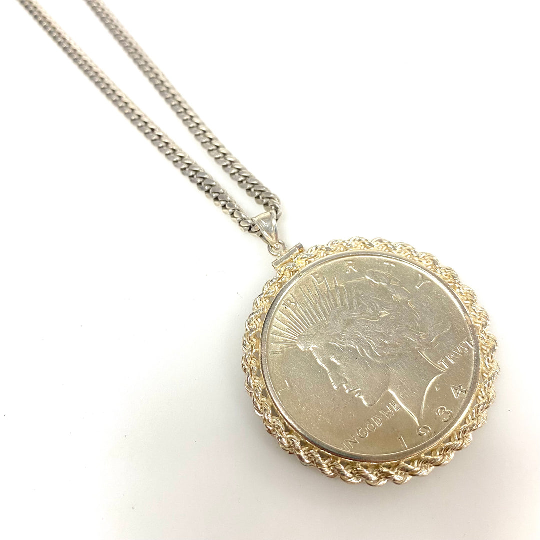 v940 Vintage 1934 Silver Dollar Coin Pendant Rope-style Bezel Link Chain 24"