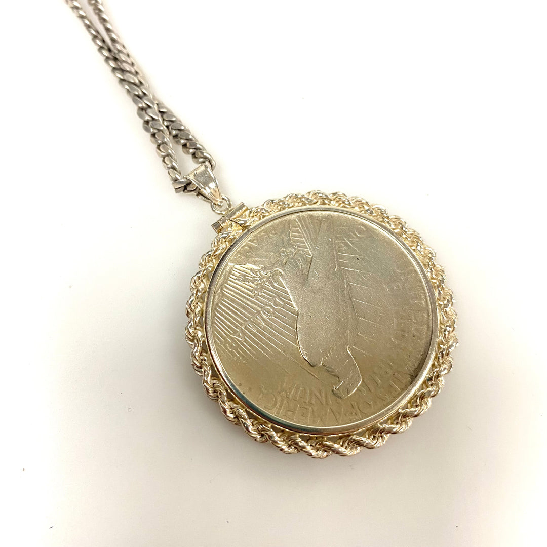 v940 Vintage 1934 Silver Dollar Coin Pendant Rope-style Bezel Link Chain 24"