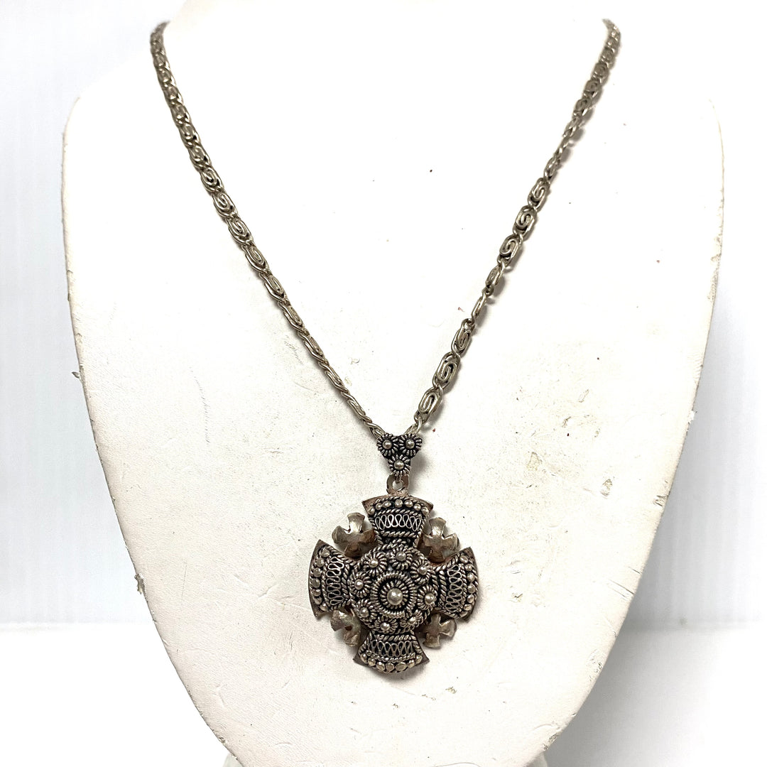 v941 Vintage High-purity Silver Jerusalem Cross Pendant 18" Link Chain Necklace