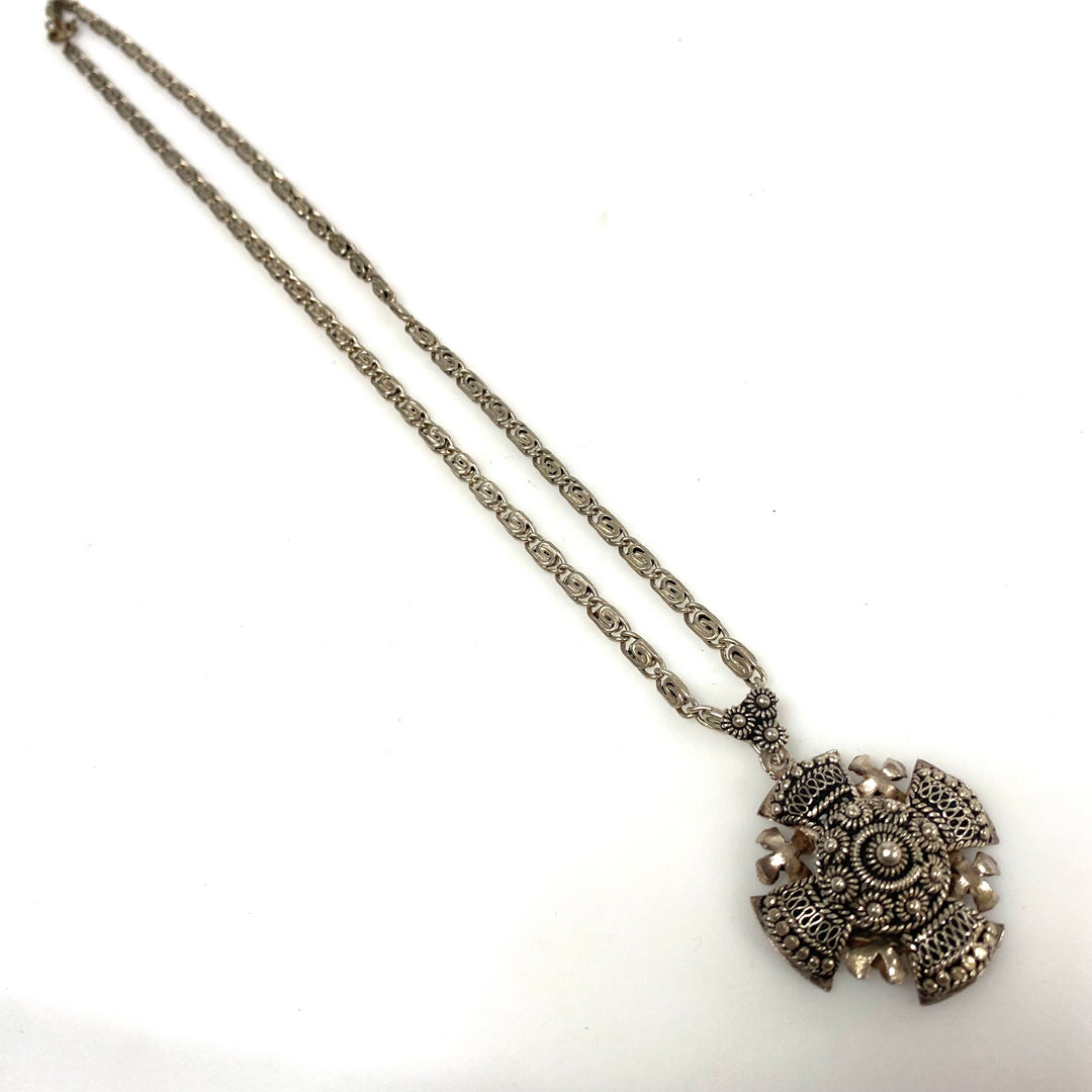 v941 Vintage High-purity Silver Jerusalem Cross Pendant 18" Link Chain Necklace