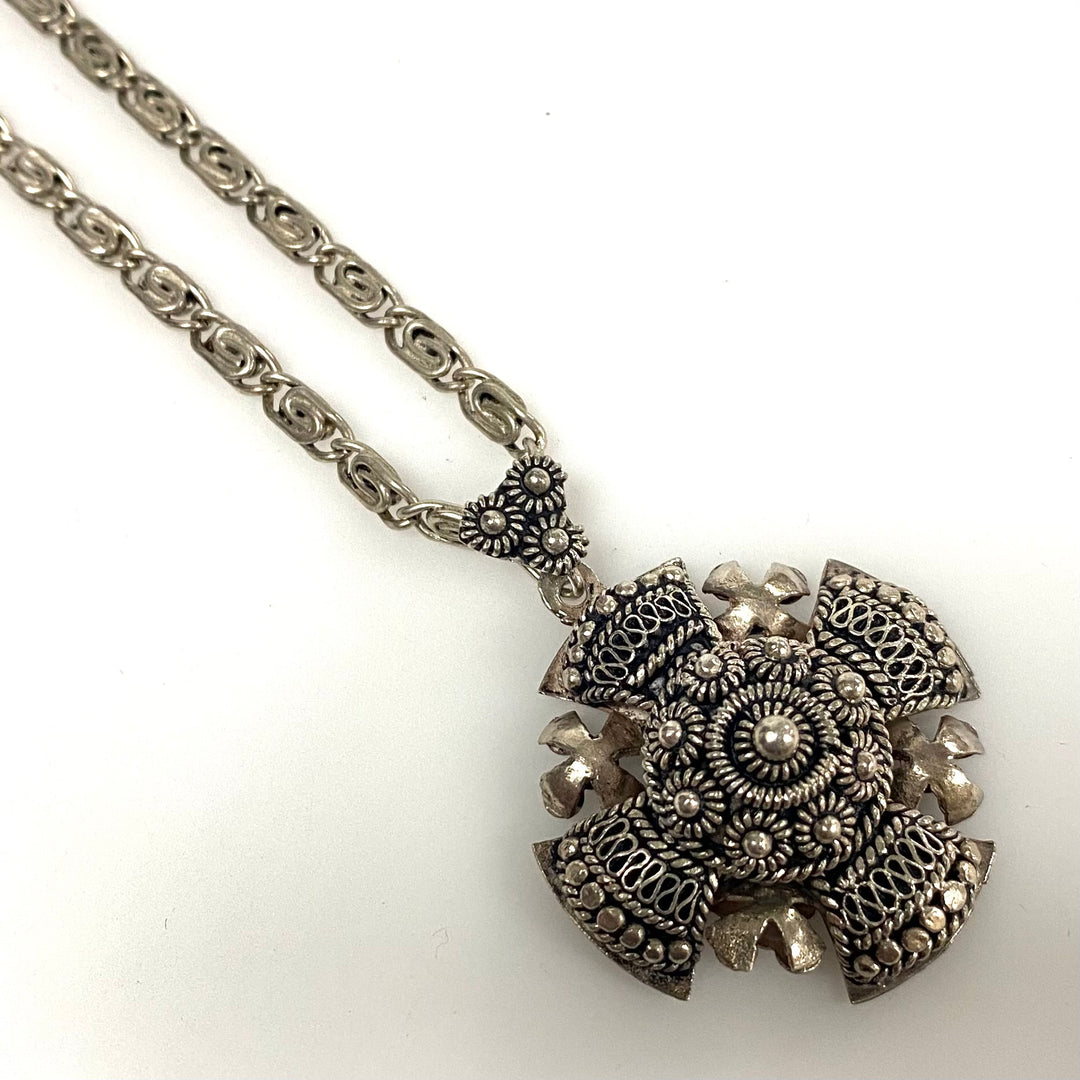 v941 Vintage High-purity Silver Jerusalem Cross Pendant 18" Link Chain Necklace