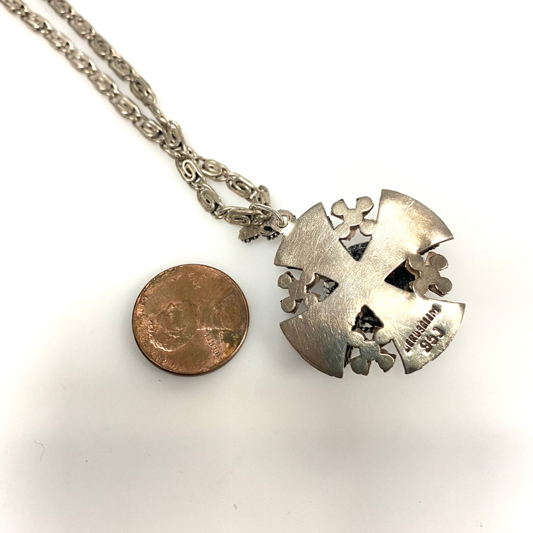 v941 Vintage High-purity Silver Jerusalem Cross Pendant 18" Link Chain Necklace