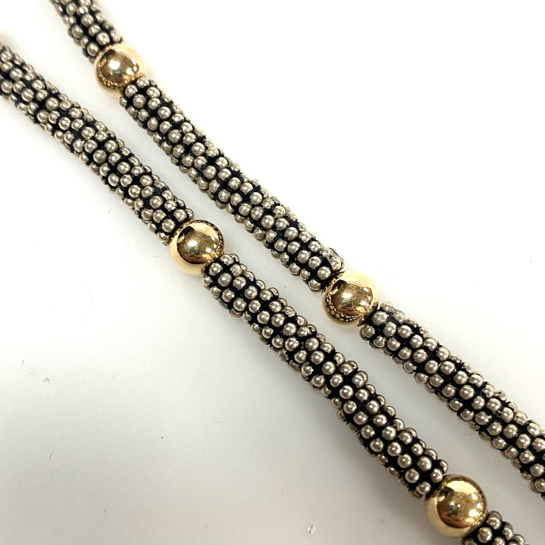 v943 Vintage Mixed-metal Silver and 10k Gold Beaded Caviar Necklace & 2 Charms