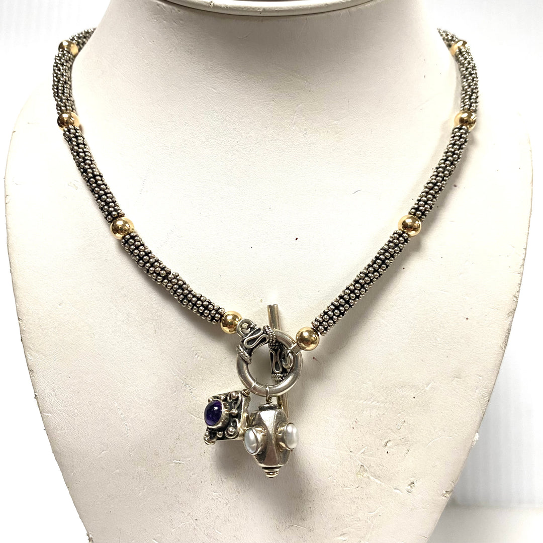 v943 Vintage Mixed-metal Silver and 10k Gold Beaded Caviar Necklace & 2 Charms