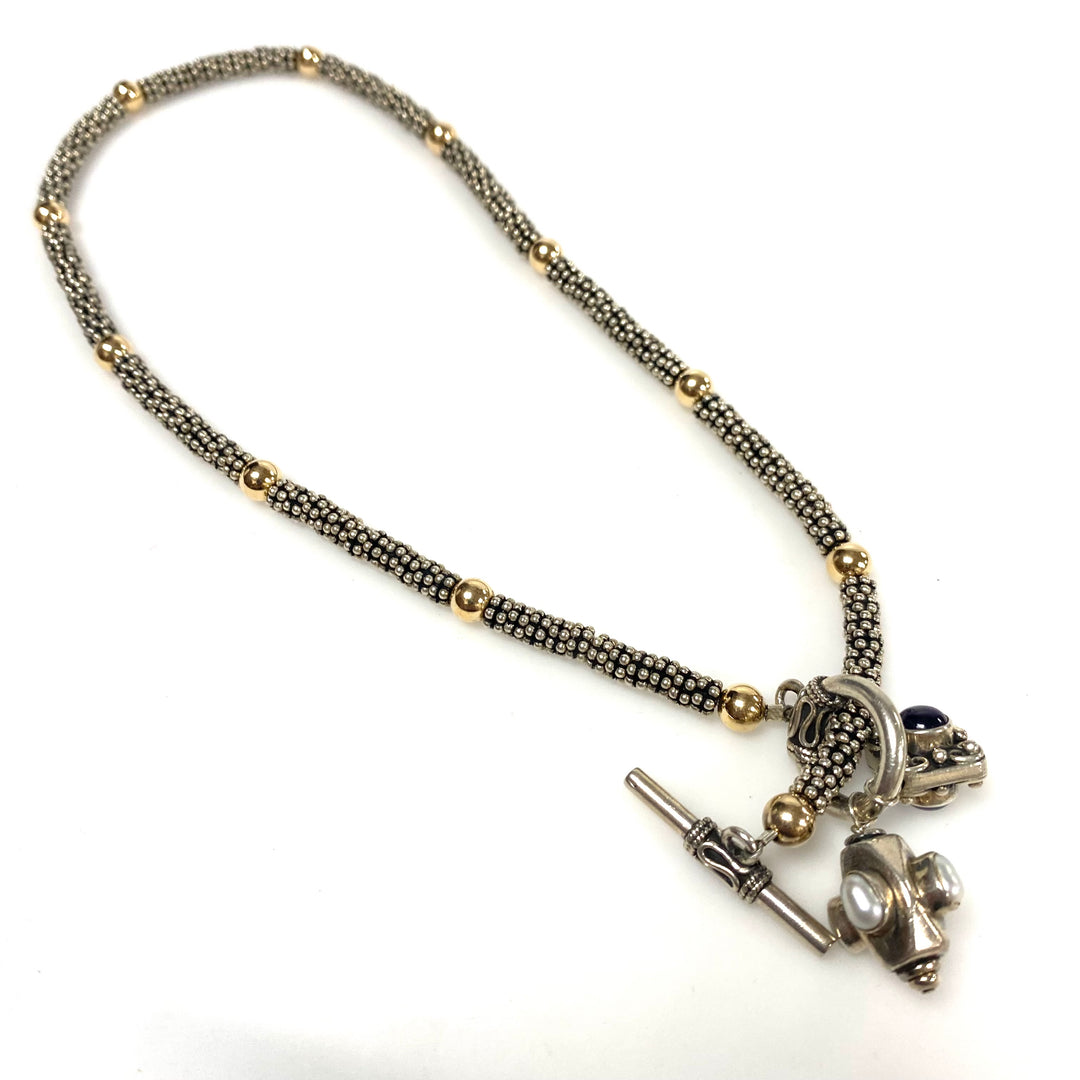 v943 Vintage Mixed-metal Silver and 10k Gold Beaded Caviar Necklace & 2 Charms