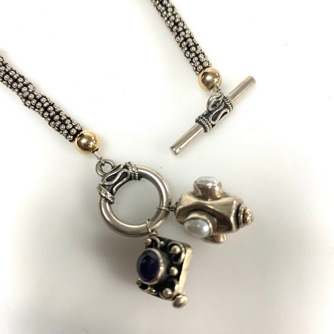 v943 Vintage Mixed-metal Silver and 10k Gold Beaded Caviar Necklace & 2 Charms