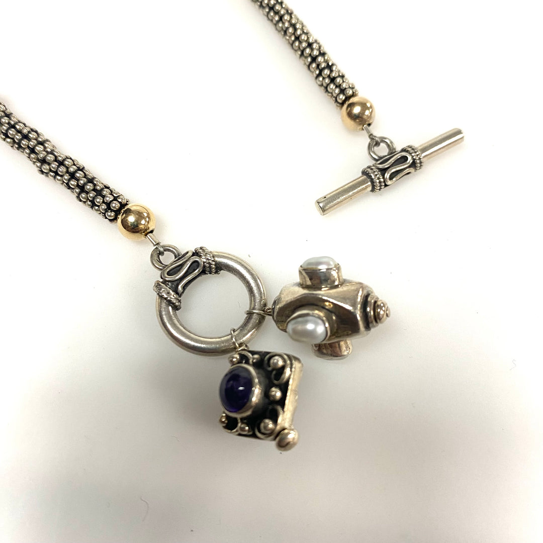 v943 Vintage Mixed-metal Silver and 10k Gold Beaded Caviar Necklace & 2 Charms