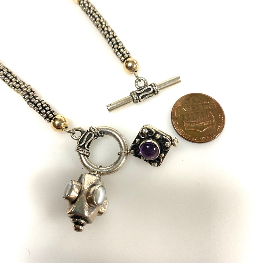 v943 Vintage Mixed-metal Silver and 10k Gold Beaded Caviar Necklace & 2 Charms