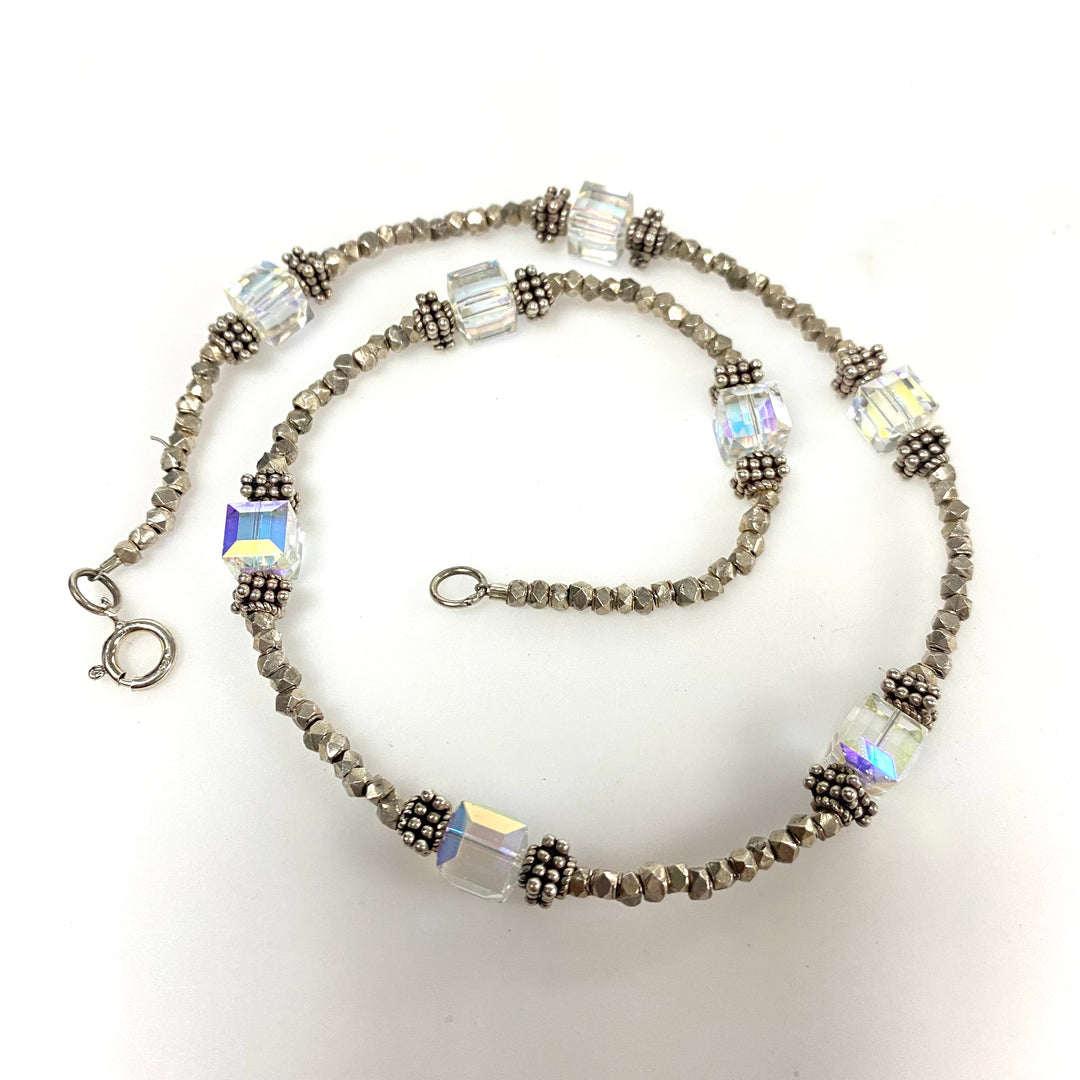 v944 Vintage Sterling Silver Beaded Necklace with Faceted AB Crystal Cubes