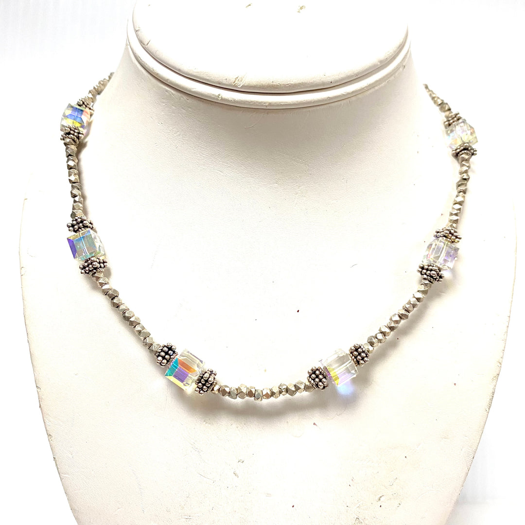 v944 Vintage Sterling Silver Beaded Necklace with Faceted AB Crystal Cubes
