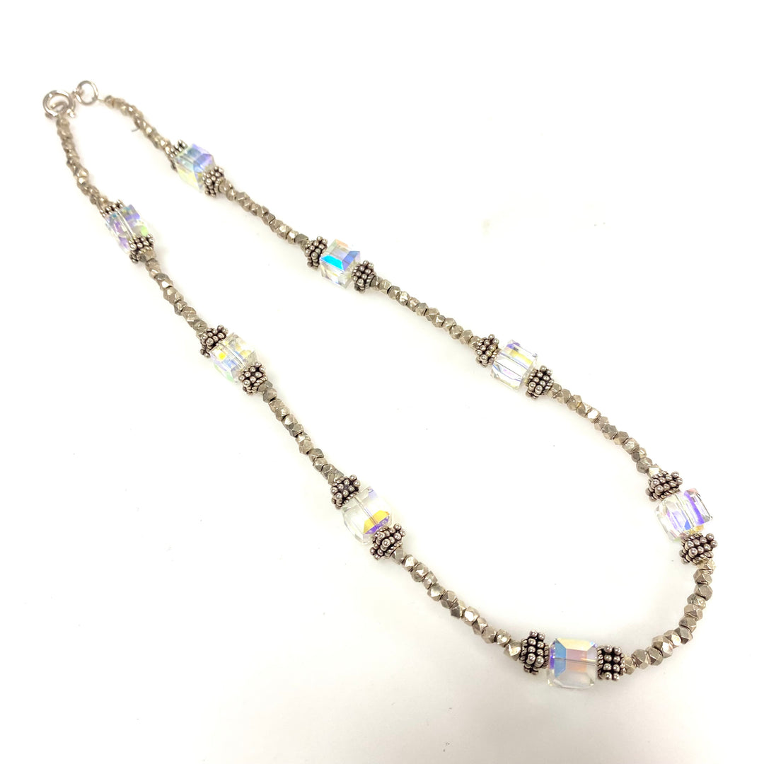 v944 Vintage Sterling Silver Beaded Necklace with Faceted AB Crystal Cubes