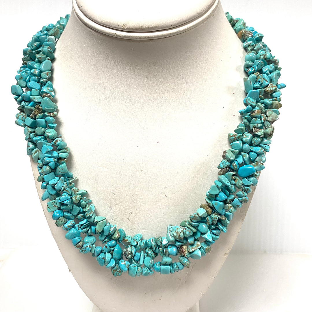 v949 Vintage Multi-strands of Chunky Turquoise Chips Necklace and Earrings Set