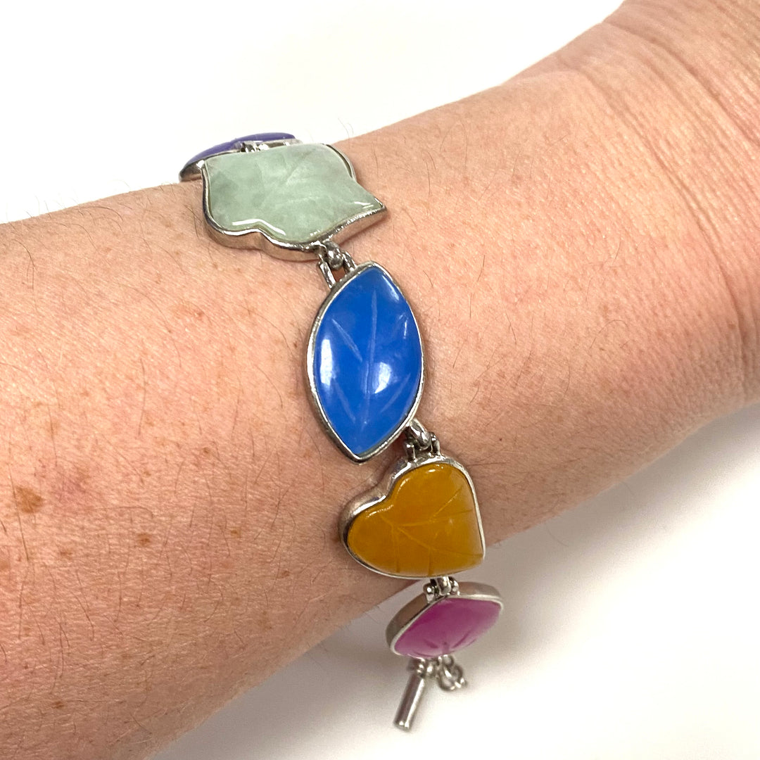 v950 Vintage Sterling Silver Carved Jade Leaf Bracelet by designer Heng Ngai