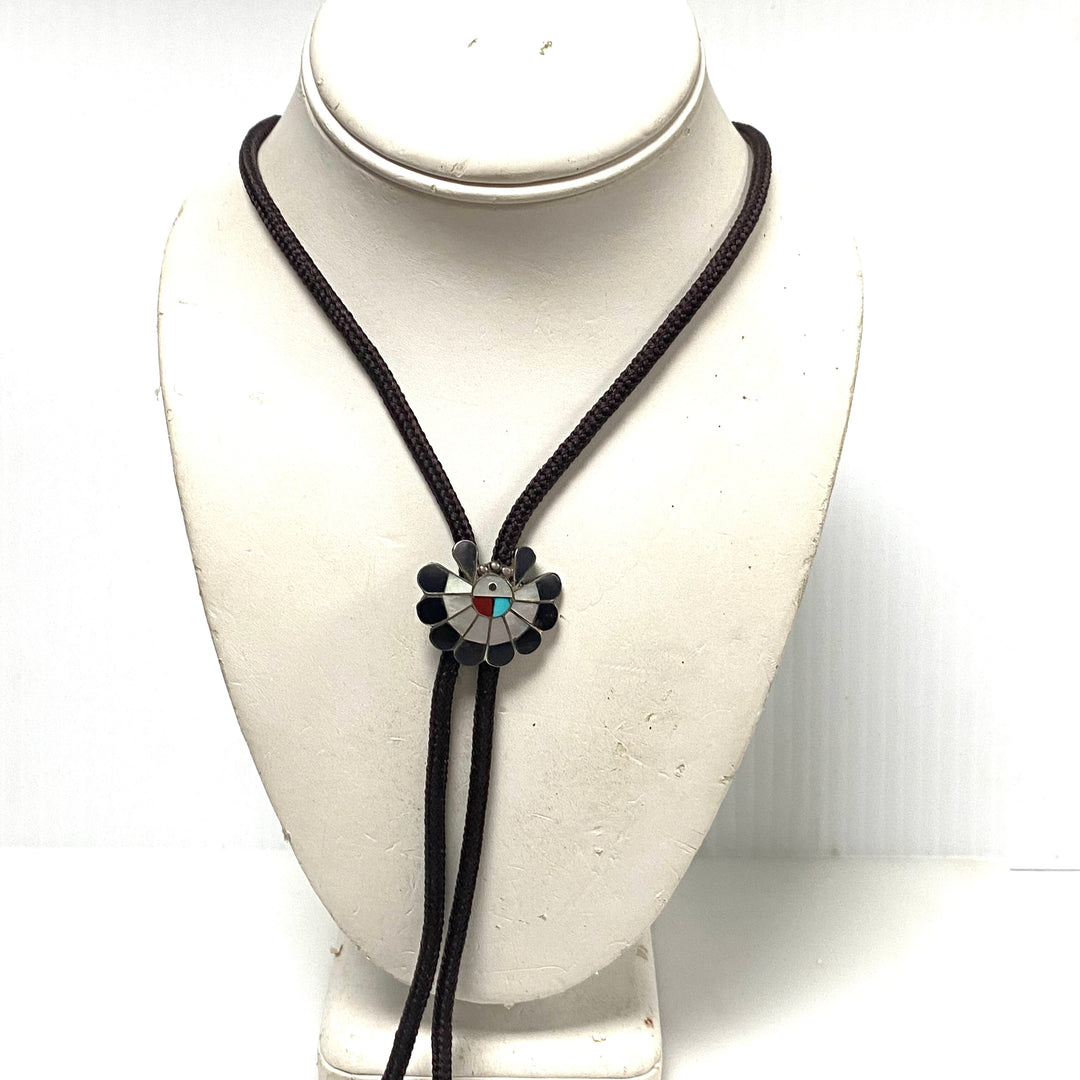 v951 Vintage Sterling Silver Mosaic Inlay Classic Zuni Sunface Bolo Tie Slide