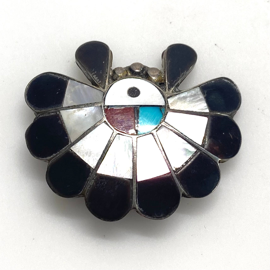 v951 Vintage Sterling Silver Mosaic Inlay Classic Zuni Sunface Bolo Tie Slide