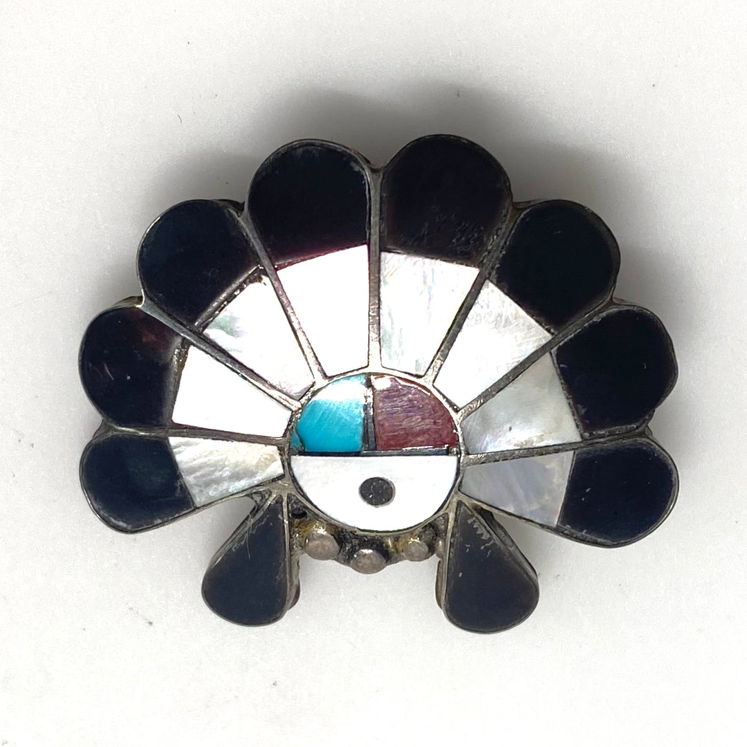 v951 Vintage Sterling Silver Mosaic Inlay Classic Zuni Sunface Bolo Tie Slide
