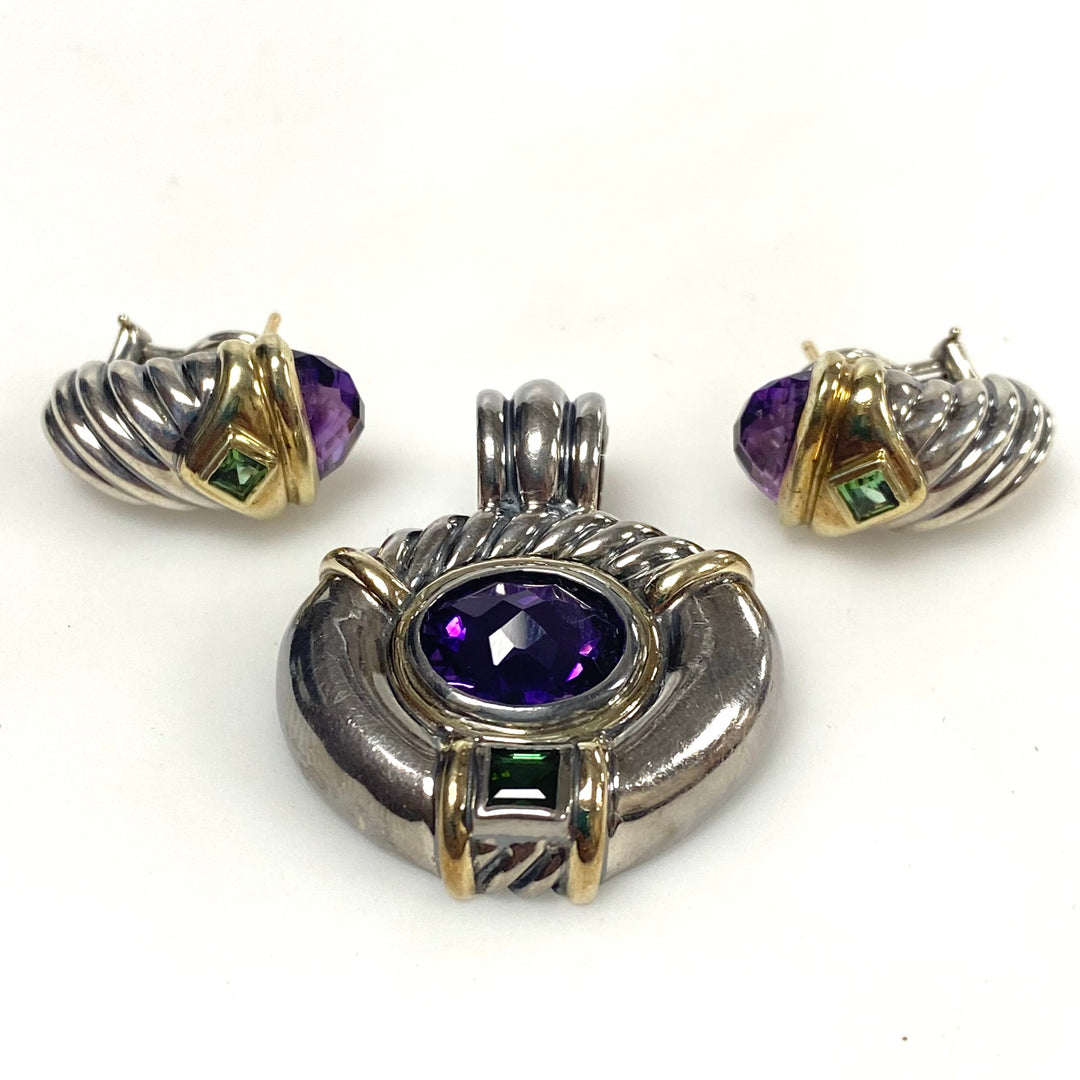 v952 Vintage David Yurman's Renaissance Collection Silver 14k Gold Amethyst Pendant Earrings Set