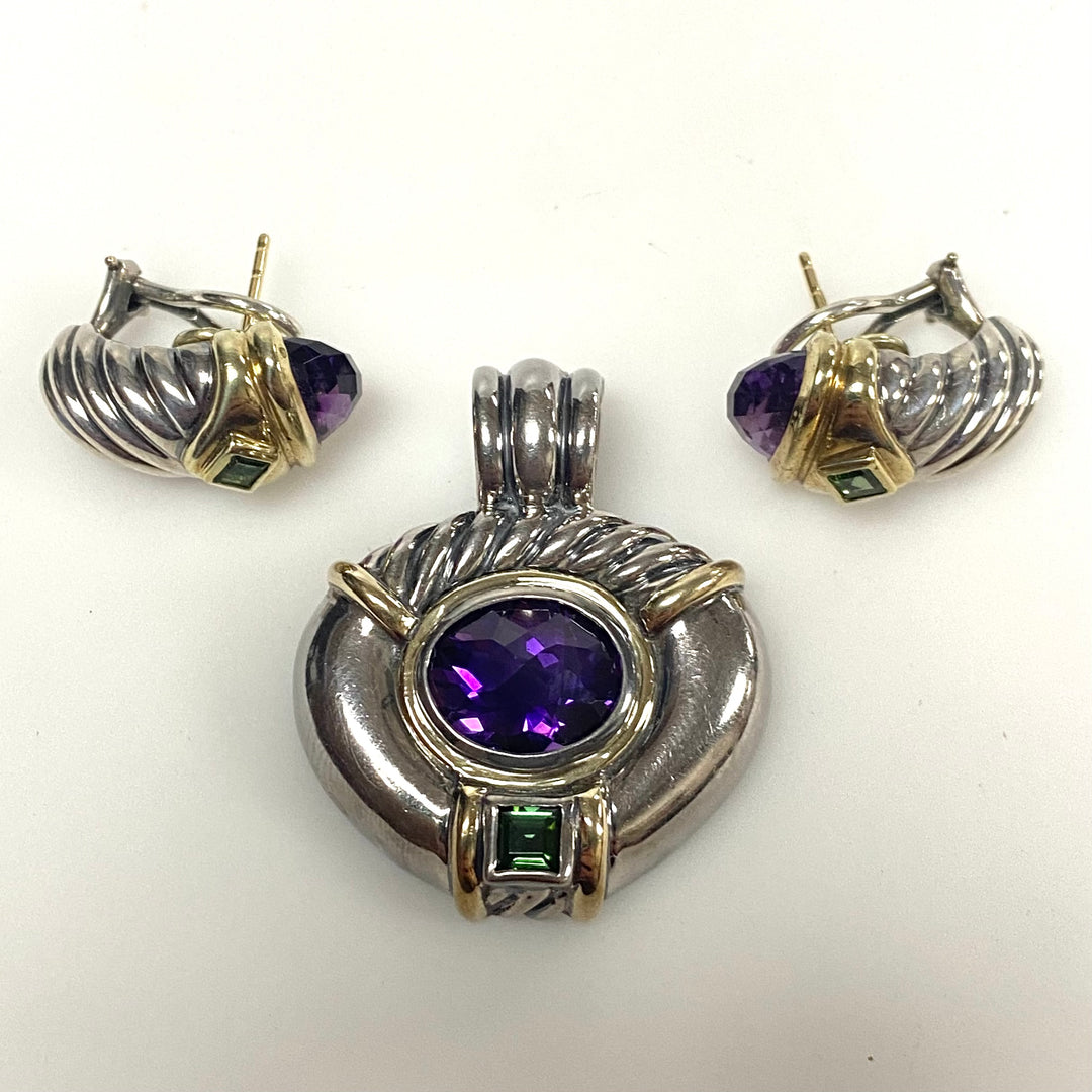v952 Vintage David Yurman's Renaissance Collection Silver 14k Gold Amethyst Pendant Earrings Set