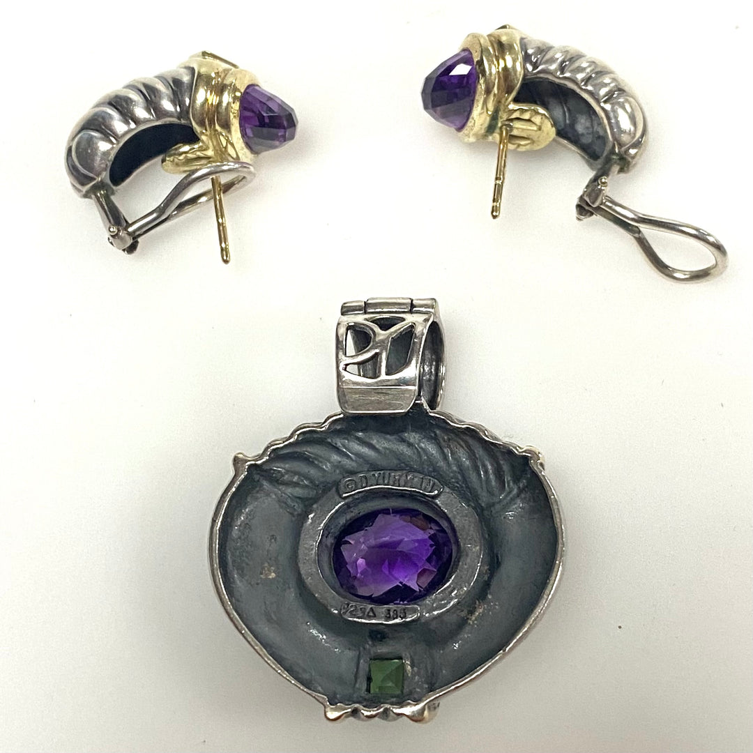 v952 Vintage David Yurman's Renaissance Collection Silver 14k Gold Amethyst Pendant Earrings Set