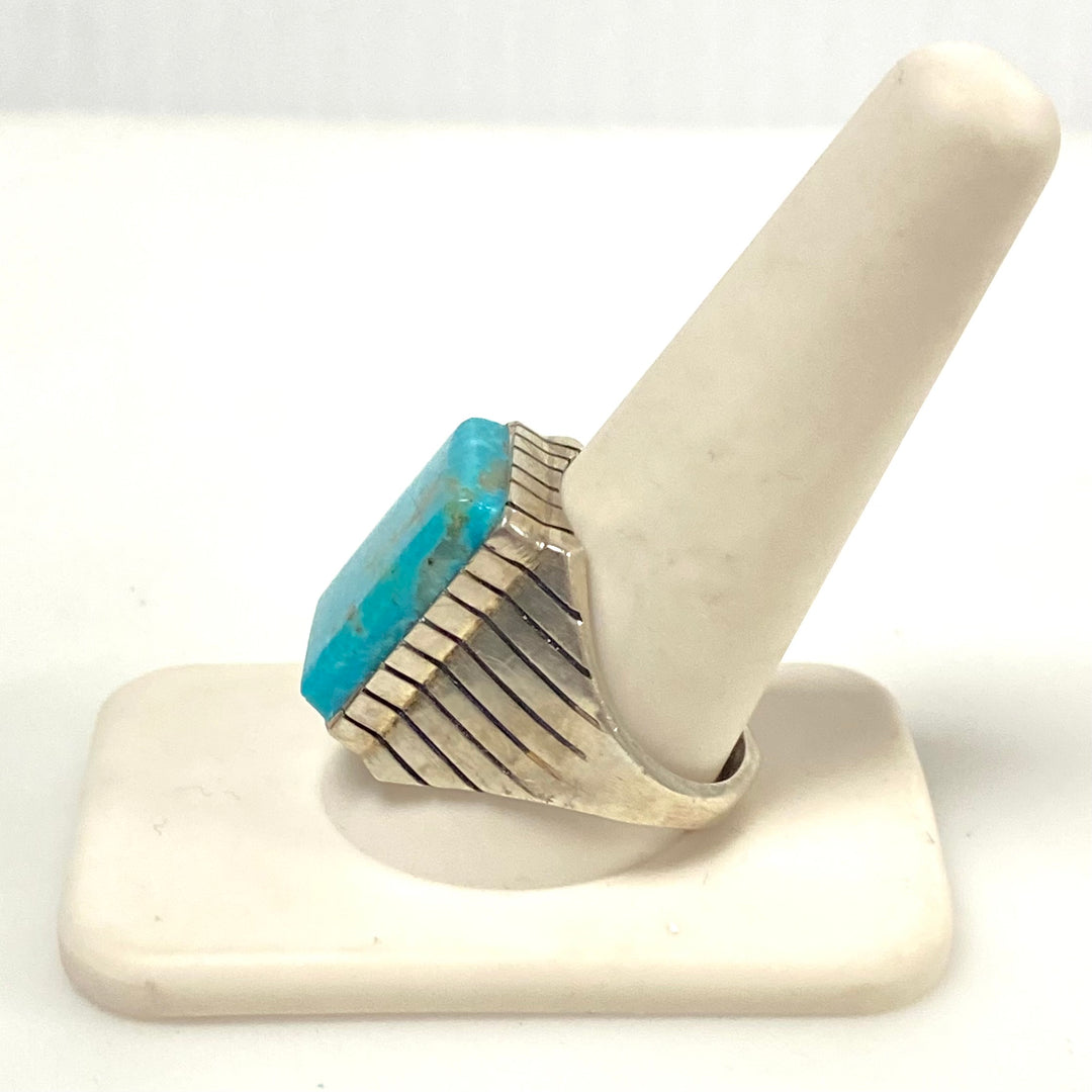 v955 Vintage Navajo Handcrafted Sterling Silver Blue Turquoise Ring Size 11.25