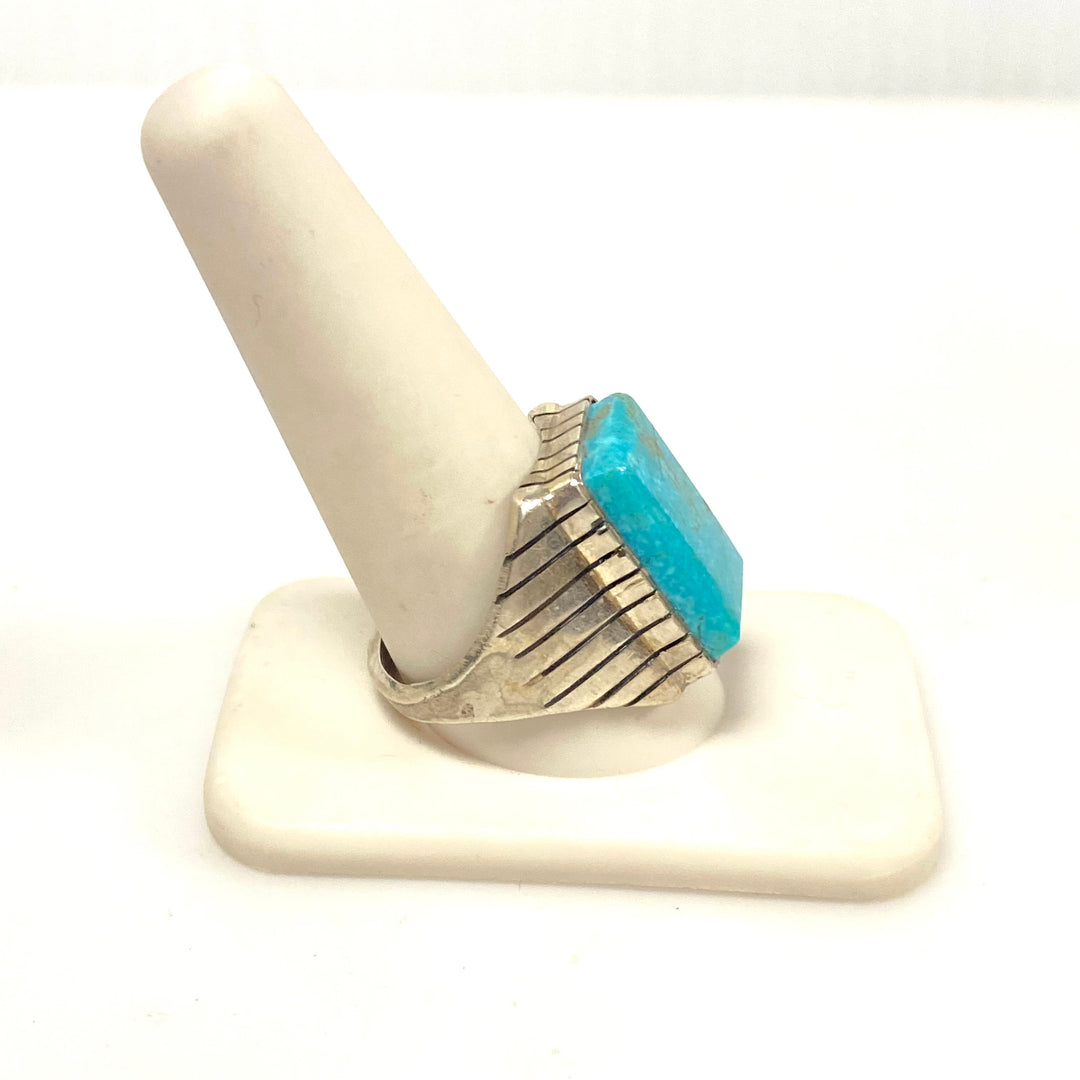v955 Vintage Navajo Handcrafted Sterling Silver Blue Turquoise Ring Size 11.25