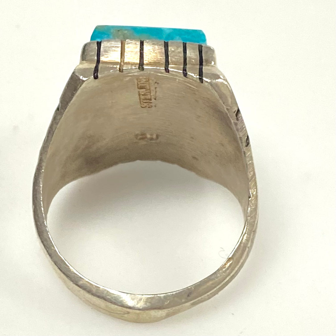 v955 Vintage Navajo Handcrafted Sterling Silver Blue Turquoise Ring Size 11.25