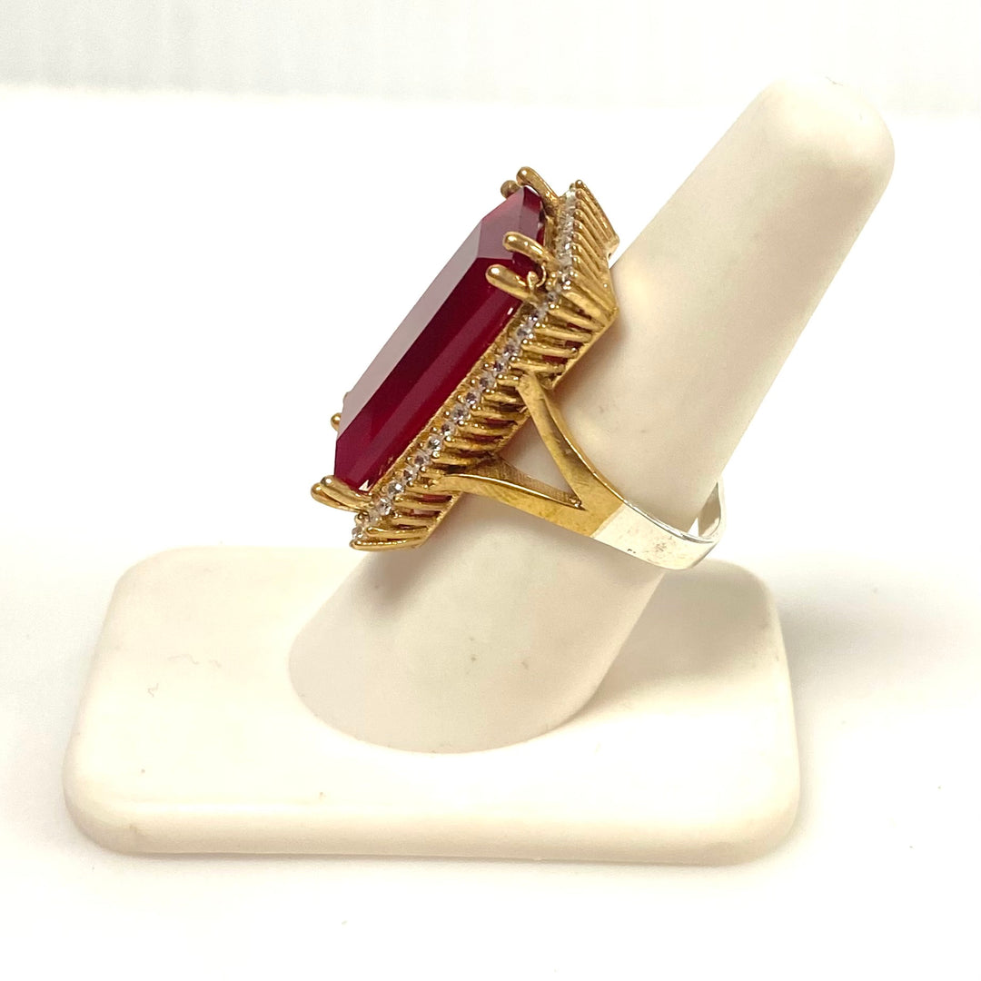 v957 Vintage Two-tone Sterling Silver 925 Large Ruby Red Stone Ring Size 6.5