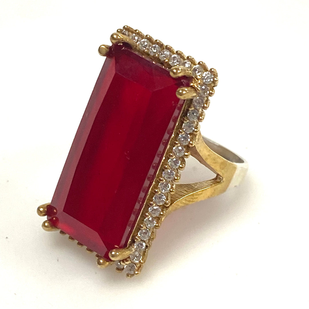 v957 Vintage Two-tone Sterling Silver 925 Large Ruby Red Stone Ring Size 6.5