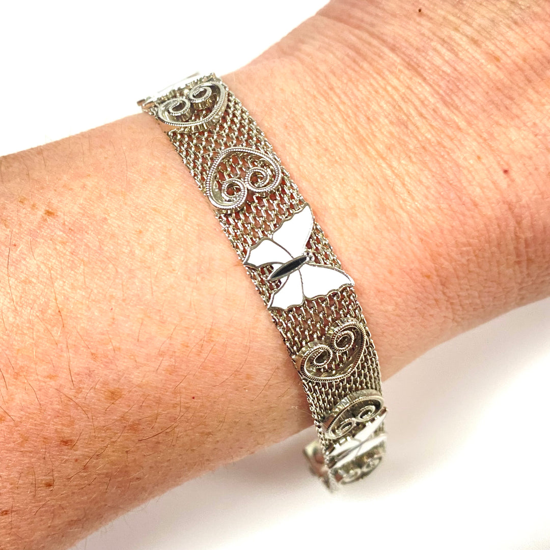 v966 Vintage Paradise Silver Tone Mesh Bracelet Heart White Enamel Butterfly 7"